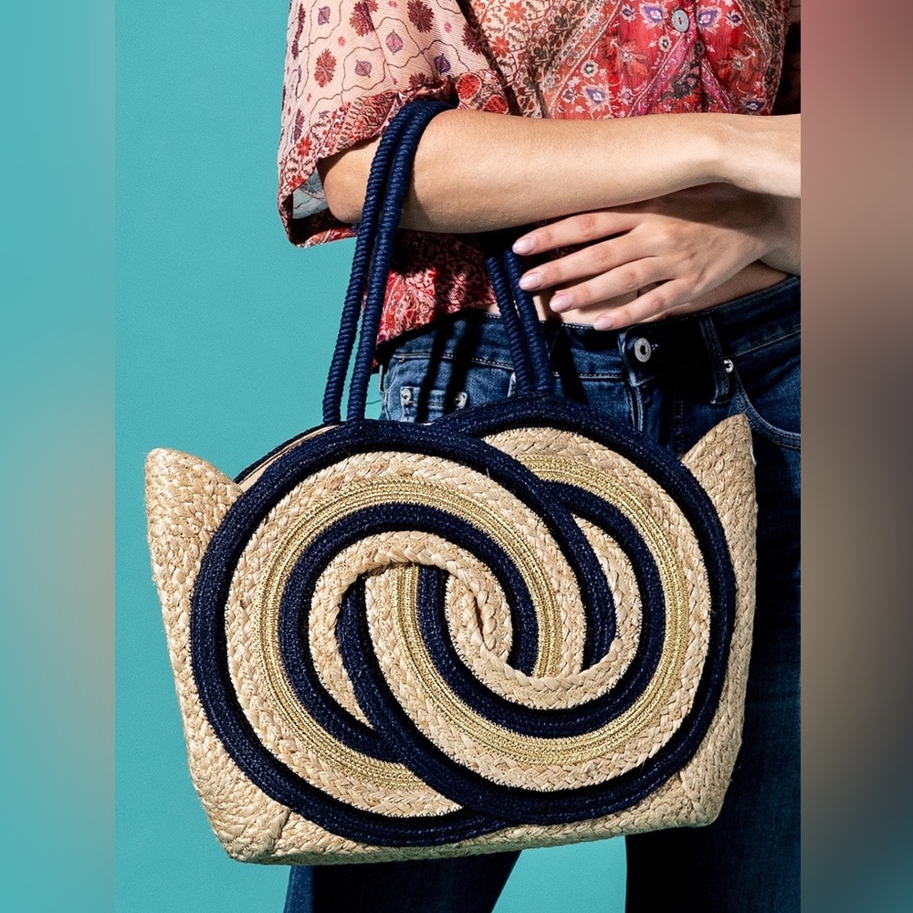 Navy Jute Straw Tote Navy and Tan Spiral Pattern Bag NWT
